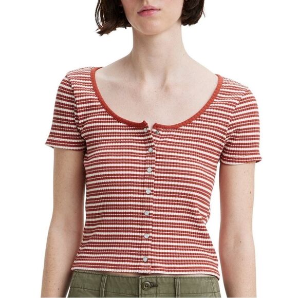 Levi's Women's 100% Cotton Stripe Short Sleeve Britt Snap Front Ribbed Top XS - Picture 1 of 8